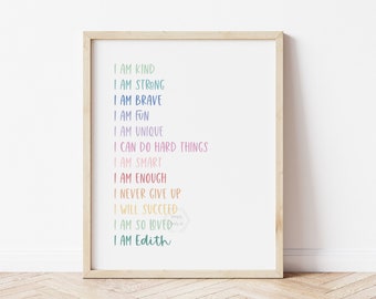 PERSONALIZED Kids Positive Affirmations Print- 5x7, 8x10, 11x14- Growth Mindset Wall Art-  Kids Room Decor- Nursery- Rainbow Playroom Art