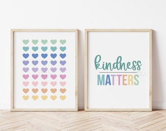 Kindness Matters and Rainbow Hearts Set- 5x7, 8x10, 11x14- Kid's Room Art- Classroom Print- Rainbow Colors- Be Kind- Playroom Decor