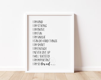 Positive Affirmations Print- 5x7, 8x10, 11x14- Growth Mindset Wall Art-  Home Decor- Kids Art- Black and White Print- Empowering Mindset