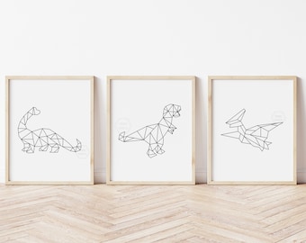 Geometric Dinosaur Prints- 5x7, 8x10, 11x14 - Brontosaurus, Tyrannosaurus, Pteranodon- Dino Wall Art- Dino Nursery- Geometric Nursery Art