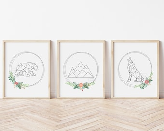 Geometric Animal Prints- 5x7, 8x10, 11x14- Bear, Mountains, Wolf- Floral Nursery Decor- Boho Nursery Print- Bohemian Wreath- Forest Animals