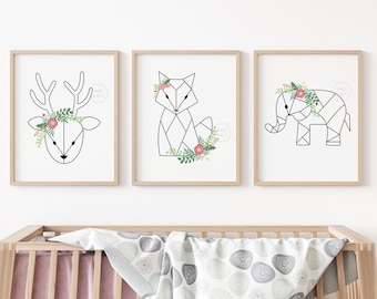 Geometric Animal Nursery Prints- 5x7, 8x10, 11x14- Deer, Fox, Elephant- Floral Nursery Decor- Boho Nursery Print- Geometric Nursery Wall Art