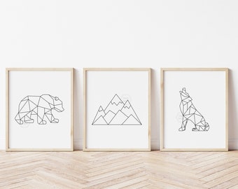 Geometric Animal and Mountain Prints- 5x7, 8x10, 11x14- Bear, Mountains, Wolf-  Wilderness Nursery Decor- Boho Nursery Print- Forest Animals