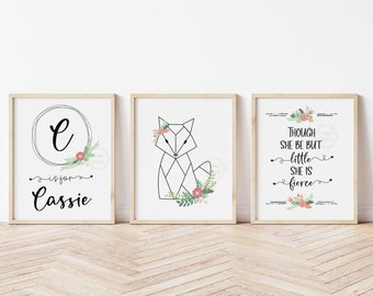 Personalized Monogram Group of 3- 5x7, 8x10, 11x14- Boho Nursery Wall Art- Geometric Animals- Floral- Though She Be But Little- Custom