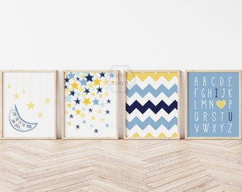 I Love You to the Moon and Back Set of 4- 5x7, 8x10, 11x14 Prints- I Love You Alphabet, Chevron & Stars- Kids Wall Art- Ready to Ship