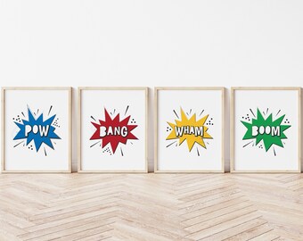 Pow, Bang, Wham, Boom Prints- 5x7, 8x10, 11x14- Superhero Wall Art- Kids Room Art- Playroom Print- Superhero Room Decor