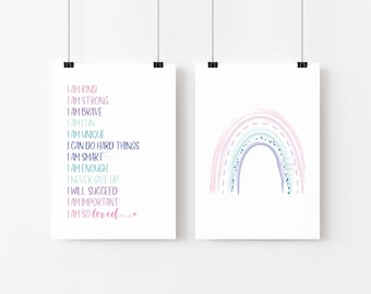 PRINTABLE Positive Affirmations and Rainbow Set- 5x7, 8x10, 11x14, 16x20, 18x24- Growth Mindset- Purple, Pink, Blue- Kids Room Art- Playroom
