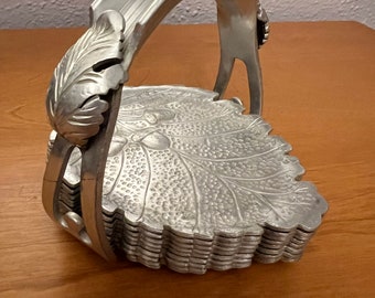Aluminum Coasters with Carrier, Leaf Design with Acorns, Trade Continental Mark, Hand Wrought