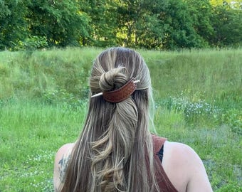 Handmade Leather Hair Slide with Wooden Stick - Choice of Pattern & Size