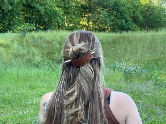 Handmade Leather Hair Slide with Wooden Stick - Choice of Pattern & Size