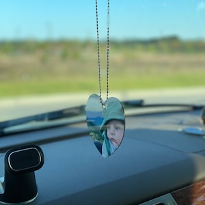 Car picture hanger Rear view mirror photo charm Photo car charm Car mirror pendant with picture Hanging heart photo ornament 2 sided image 2