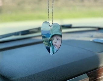 Personalized Heart Photo Car Charm: Custom Double-Sided Rear-View Mirror Ornament