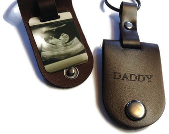 Ultrasound keychain for a First time Dad Mom Grandma Grandpa Aunt Uncle, Custom engraved sonogram keychain, Genuine leather keychain