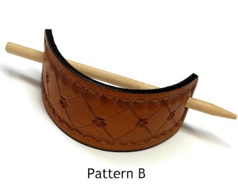 Leather hair accessory for woman with long thick hair | Leather hair slide with wooden stick | Choice of pattern and size