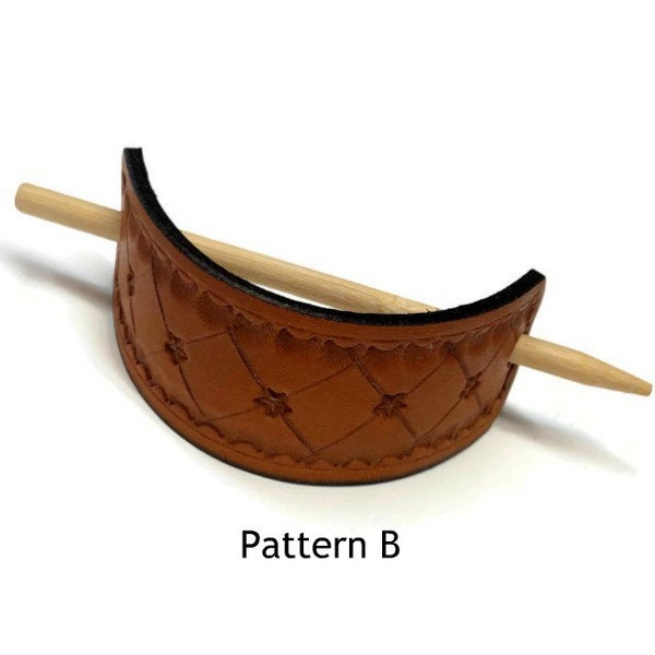 Leather hair accessory for woman with long thick hair | Leather hair slide with wooden stick | Choice of pattern and size
