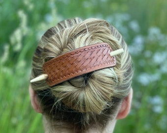 Hand Tooled Leather Hair Barrette: Thick Hair Clip, Choice of Pattern & Size