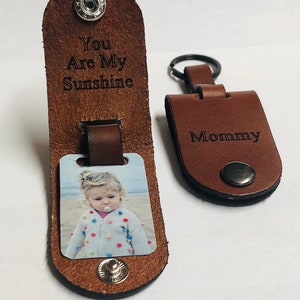 Leather keychain for mom, Photo keychain personalized, custom picture keychain, gift from kids - choice of color and engraving.