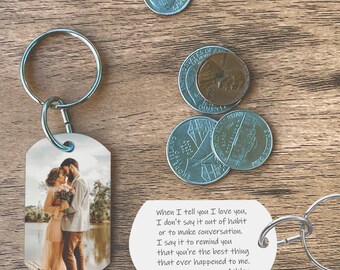Boyfriend keychain personalized with picture and romantic quote - Couples keychain - Waterproof - Custom dog tag keychain for couples