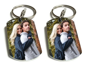 2 Personalized photo keychains, Doubled sided picture keychains, Custom metal keychain with photo and text, Custom quote keychains