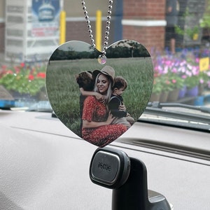 Car picture hanger - rear view mirror photo charm - photo car charm - car mirror pendant with picture - Hanging heart photo ornament 2 sided