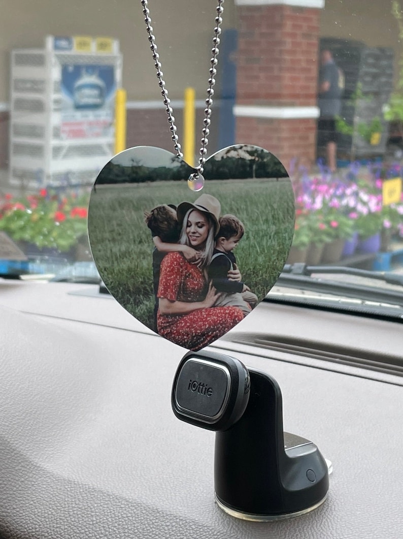Car picture hanger Rear view mirror photo charm Photo car charm Car mirror pendant with picture Hanging heart photo ornament 2 sided image 1