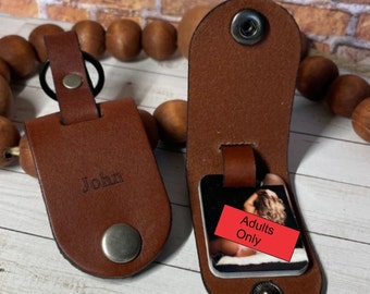 Sexy leather keychain with photo, Custom anniversary keepsake for him, Valentines gift for couples