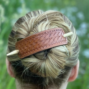 Hand Tooled Leather Hair Cuff with Stick: Handmade Hair Slide