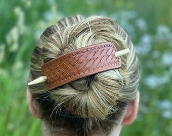 Hand Tooled Leather Hair Cuff with Stick: Handmade Hair Slide