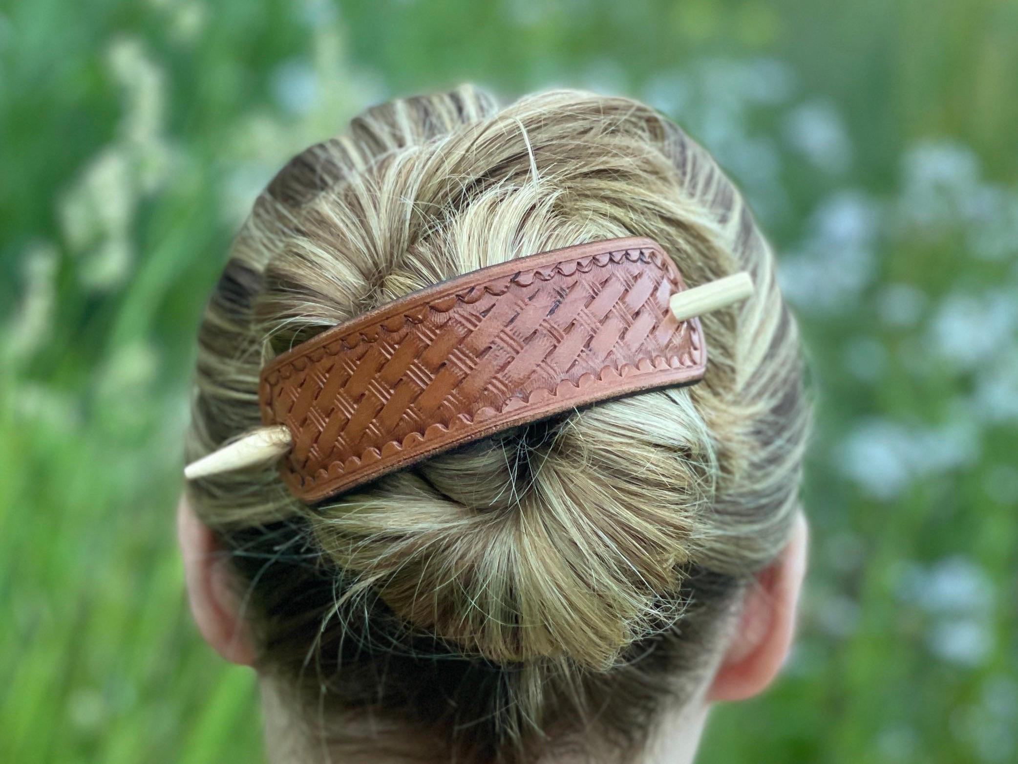 Hand Tooled Leather Hair Cuff with Stick: Handmade Hair Slide