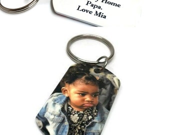 Picture keychain for Dad - Drive safe Daddy keychain with photo, Dog tag keychain with your custom quote - Sentimental Gift for Father