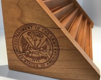 Wood Rack for US Army Military Collectible Coins Baby Noah 5 Rows Challenge Coin Display Holder Holds 15-20 Coins Military Coin Display Stand Case