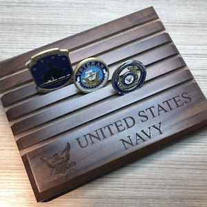 Etched United States NAVY Walnut Challenge Coin Display Holds up to 30 Coins