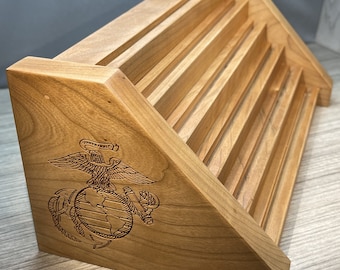 Etched MARINE CORPS Natural Cherry Challenge Coin Display Holder Holds up to 60 Coins