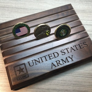 Etched United States ARMY Walnut Challenge Coin Display Holds up to 30 Coins