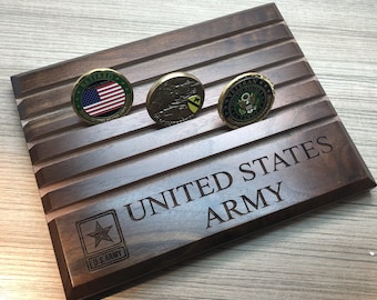 Etched United States ARMY Walnut Challenge Coin Display Holds up to 30 Coins