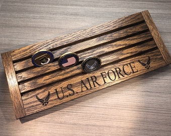 United States AIR FORCE Oak Stained Walnut Challenge Coin Display for 24-28 Coins