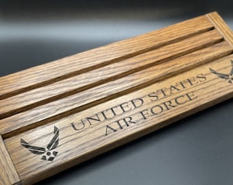 Laser Etched United States AIR FORCE Oak Stained Dark Walnut Challenge Coin Display for 15-21 Coins