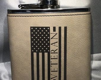 Stainless Steel and Suede Etched VETERAN  Flask