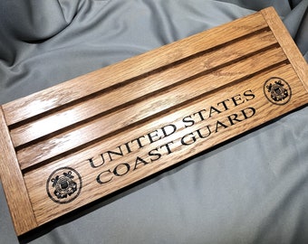 Laser Etched United States COAST GUARD Oak Challenge Coin Display for 18-21 Coins