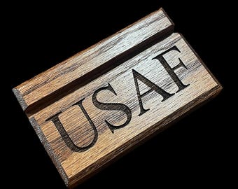 USAF Stained Dark Walnut Oak Single Challenge Coin Holder Or Business Card Holder