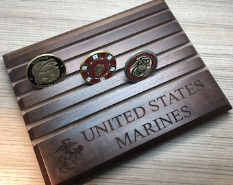 Etched United States MARINES Walnut Challenge Coin Display Holds up to 30 Coins