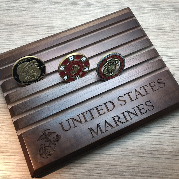 Etched United States MARINES Walnut Challenge Coin Display Holds up to 30 Coins