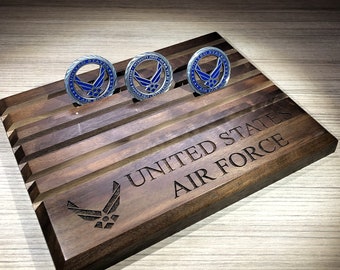 Etched United States AIR FORCE Walnut Challenge Coin Display Holds up to 36 Coins