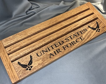 Laser Etched United States AIR FORCE Oak Challenge Coin Display for 18-21 Coins