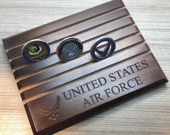 Etched United States AIR FORCE Walnut Challenge Coin Display Holds up to 30 Coins