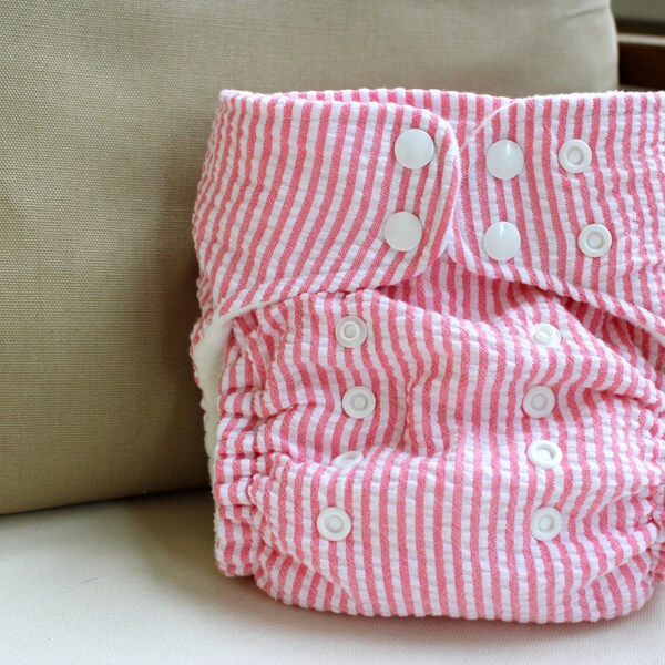 Pink and white stripped seersucker one size cloth diaper