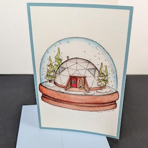 Boule à neige dôme géodésique pour la maison - Carte de voeux de Noël vierge avec un design artistique original - Aquarelle, plume et encre