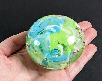 Hand Made Glass Paperweight - Green and Blue Swirl - Hand Sculpted Art Glass