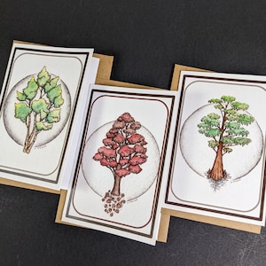 Set van 3 natuur geïnspireerde kunstkaarten - lege kaart met bruine enveloppen - van aquarelpen en inktschilderijen