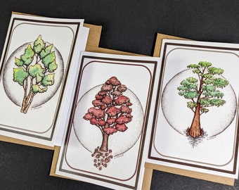 Set of 3 Nature Inspired Art Cards - Blank Card with Brown Envelopes - From Watercolor Pen and Ink Paintings